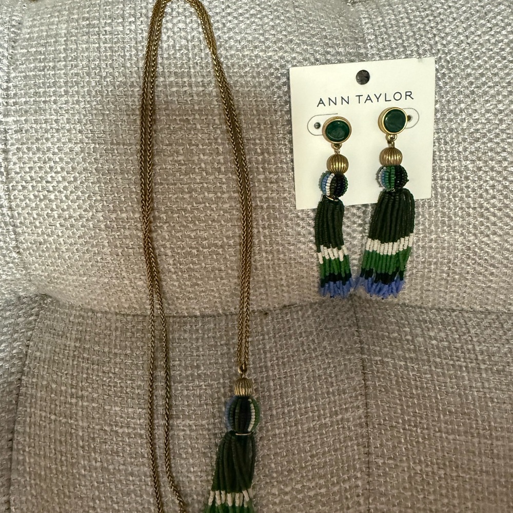 Ann Taylor Green and Blue Tassel Earrings and Necklace